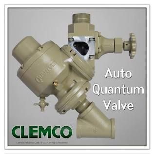 Clemco Auto Quantum Valve industrial valve assembly with tan metal parts on gray background