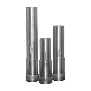 Three silver metal cylindrical tool sockets of different heights standing upright on a white background