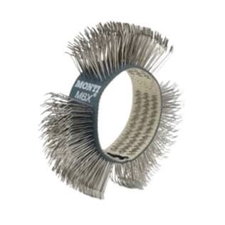 Metal wire brush wheel with dense bristles around a ring-shaped center
