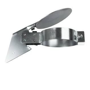 Metal duct damper with a circular band and hinged lever on a white background