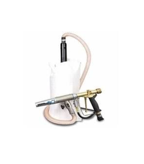 Pressure washer with white tank, black hose, brass spray wand, and pistol grip on a white background