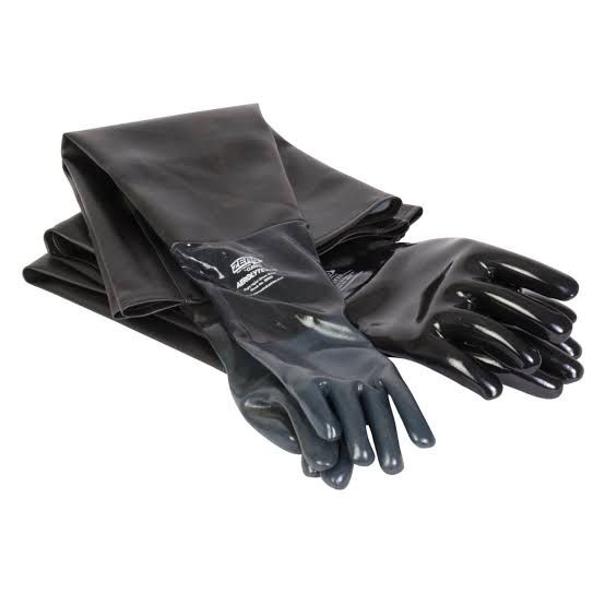 Black long cuff chemical-resistant gloves folded on a white background