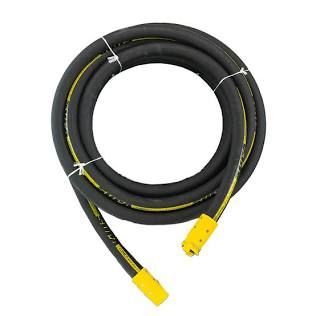 Coiled black cable with yellow connectors, tied with white zip ties on a white background