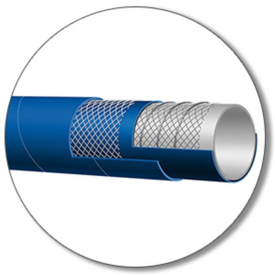 Cross-section of a blue braided hose with inner white tube on a white background