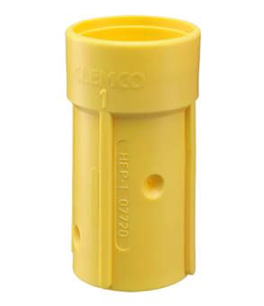 Yellow cylindrical plastic connector with a hollow top and side holes
