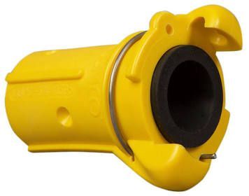 Yellow industrial electrical plug connector with black socket opening