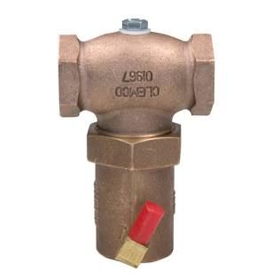 Brass plumbing valve with red handle on a white background