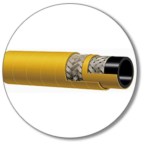 Cross-section of a yellow coaxial cable with braided shielding and black inner core
