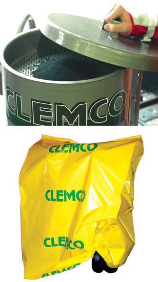 CLEMO industrial sieve machine with metal lid and yellow protective cover/material bag
