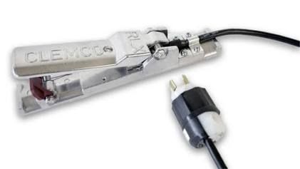 Clear plastic clip-on device with black cable and white connector on a white background