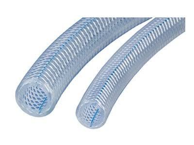 Two clear, braided flexible tubes on a white background
