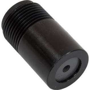 Black threaded cylindrical metal adapter with a central hole