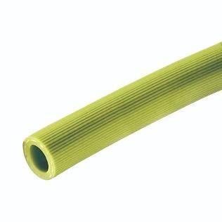 Close-up of a green ribbed garden hose on a white background