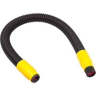 Black corrugated flexible hose with yellow end cuffs on a white background