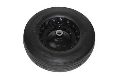 Black rubber wheel/tire with a metal hub, isolated on a white background