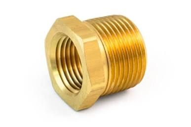 Brass threaded pipe fitting adapter with hex center on white background