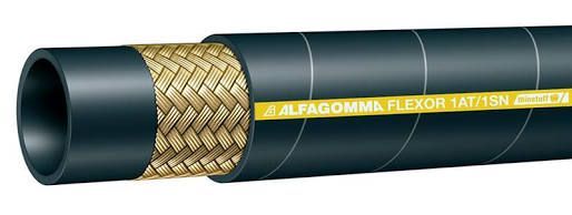 Black and gold flexible industrial hose with yellow printed text on a white background