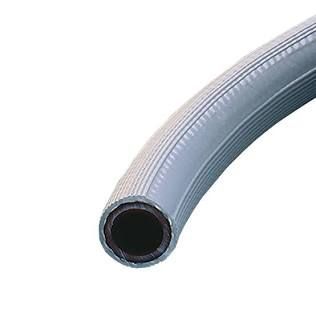 Gray corrugated hose with a black open end on a white background