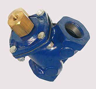 Blue metal valve with brass cap and threaded opening