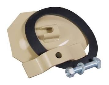 Beige mechanical part with a black rubber ring and silver bolt on a white background