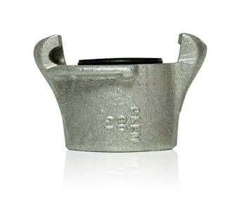 Metal pipe fitting with two upward curved prongs on a white background
