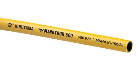 Yellow Kuriyama Minotaur 500 hose with black text and open end on white background
