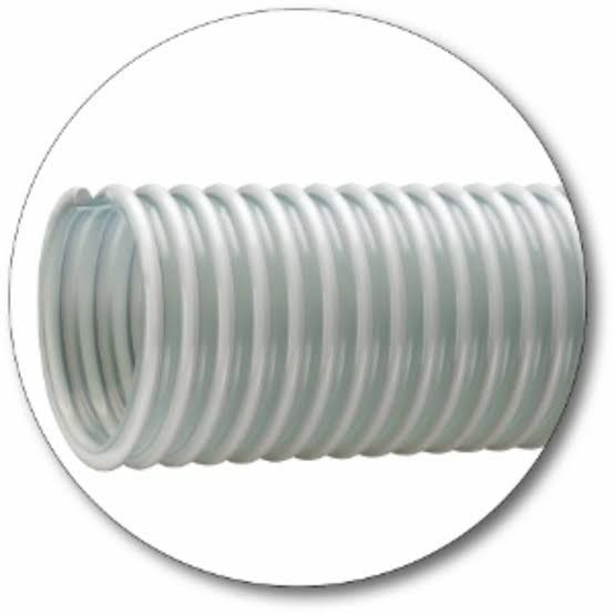 White corrugated plastic hose coiled in a circular shape on a white background