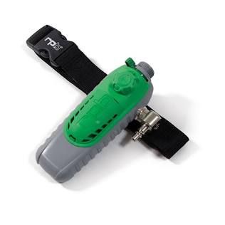 Black headlamp with green and gray body on a black strap