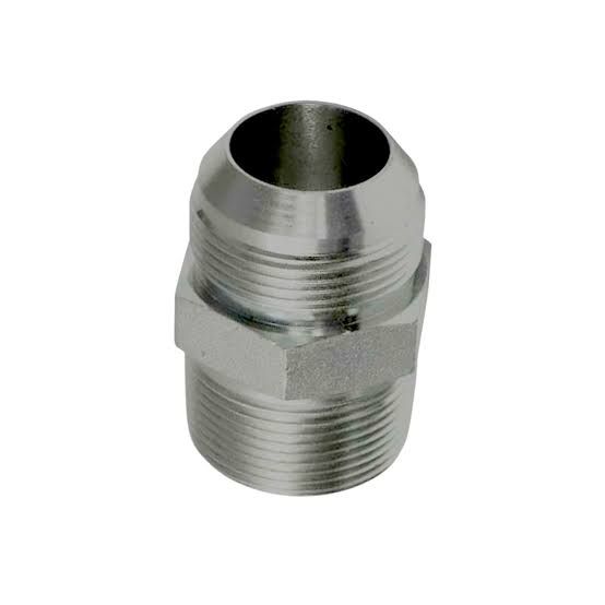 Silver metal pipe fitting with threaded ends on a white background