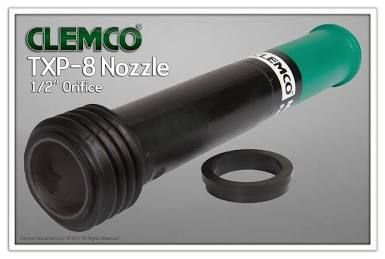Clemco TXP-8 nozzle with green cap and black body, shown with a black ring on gray background