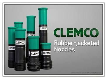 Clemco rubber-jacketed nozzles in black and teal on a gray background