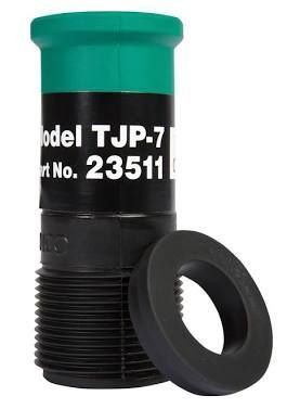 Black threaded cylindrical plug with green cap and separate rubber washer, labeled TJP-7.