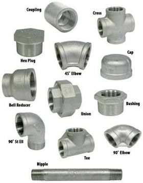 Assorted silver metal pipe fittings labeled coupling, cross, elbow, cap, reducer, tee, bushing, and nipple