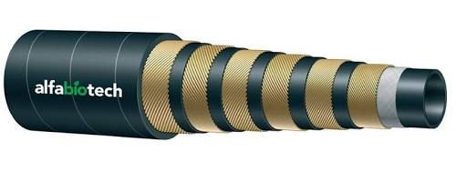 Black and gold industrial hose or cable with silver ends, labeled “alfabiotech”