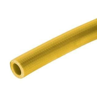 Yellow corrugated flexible plastic tube angled on a white background