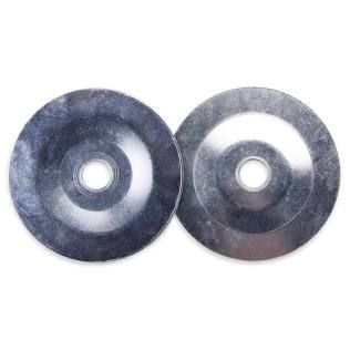 Two dark gray metal discs with center holes, overlapping on a white background