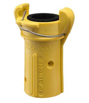Yellow plastic cable clamp with black center and metal wire loop