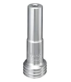 Silver metal threaded bolt with a smooth cylindrical top, isolated on a white background