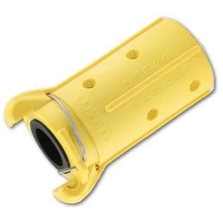 Yellow cylindrical metal clamp with black inner ring and side tabs, shown on a white background