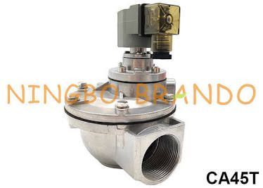 Industrial brass valve with black solenoid coil, silver body, and threaded pipe connection on white background.