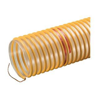 Yellow flexible corrugated hose coil with transparent inner lining on a white background