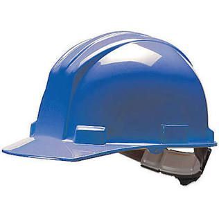 Blue hard hat with a gray chin strap on a white background
