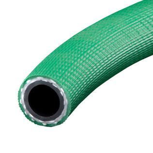 Green braided garden hose with black opening and silver rim on a white background