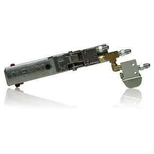 Black metal pneumatic tool with attached silver roller and brass fittings on a white background