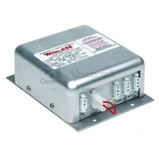 Gray metal electrical transformer box with white terminal connectors and a red wire on a mounting base