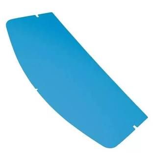 Blue curved plastic panel with small notches on the ends, isolated on a white background