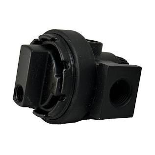 Black plastic mechanical connector with threaded side openings on a white background