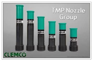 Clemco TMP Nozzle Group ad showing five black and teal blasting nozzles on a gray background