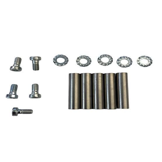 Assorted silver bolts, washers, and metal sleeves arranged on a white background