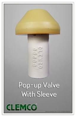 Clemco pop-up valve with sleeve, yellow cap on gray valve body, product label image